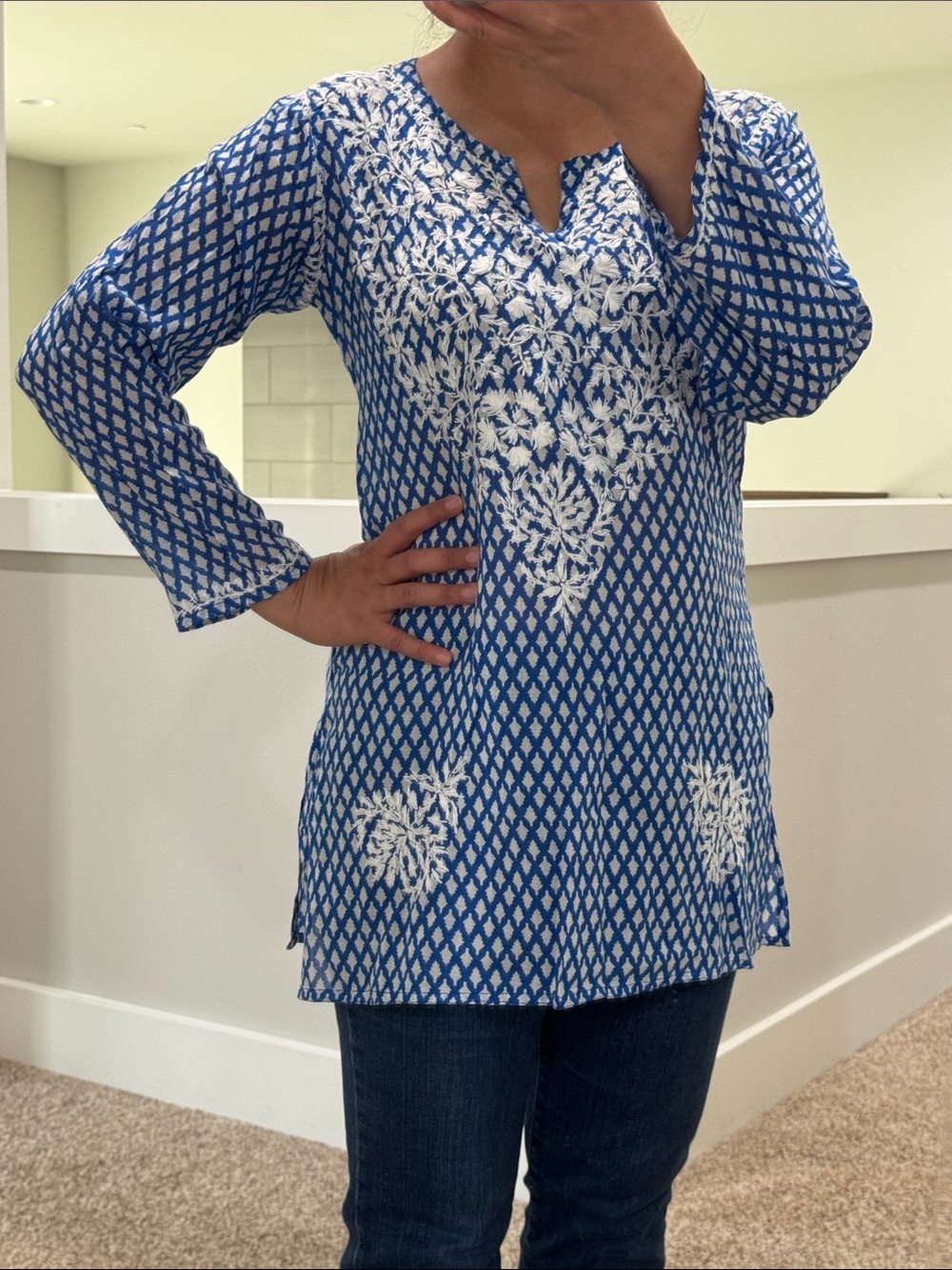 Mul cotton Blue and White Embroidered V-Neck Tunic Top kurti top